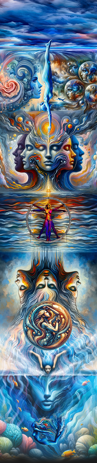 Sprung in dein Sein Abstraktes Kunstwerk mit lebendigen Blau- und Violetttönen, spiralförmigen Mustern und Symbolen.