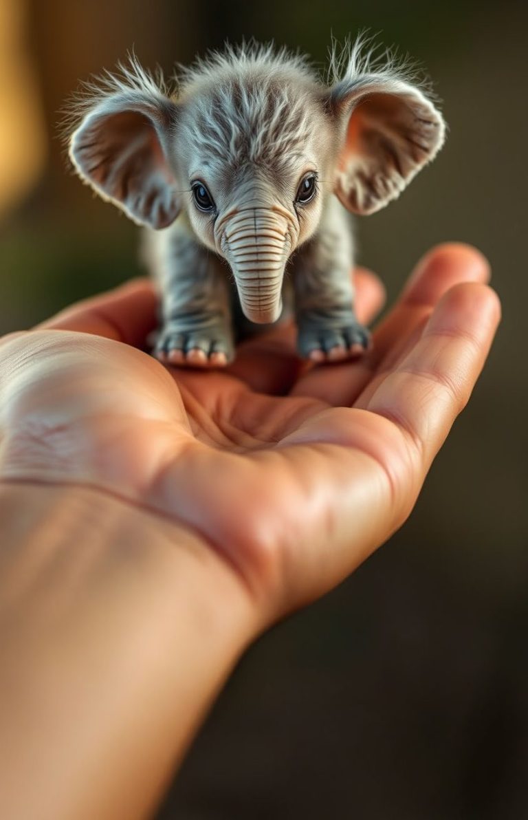 Der kleinste Elefant Ein kleines, graues Elefantenbaby sitzt auf einer Hand.