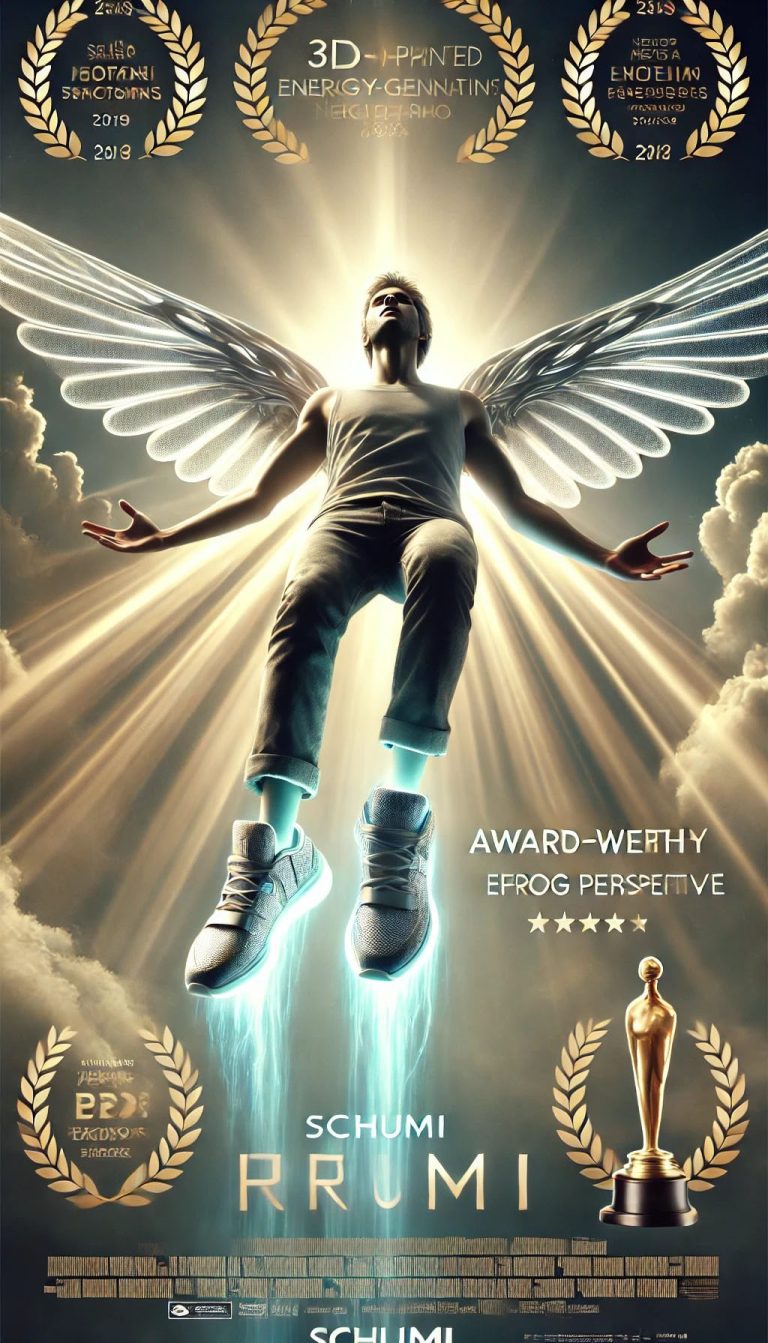 Schumis Schuhe Plakat Ein Mensch mit Flügeln schwebt in einem strahlenden Licht, umgeben von Filmpreisen.