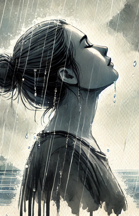 Steh nicht im Regen, tanze im Regen. Eine nachdenkliche Frau steht im Regen, Wasser läuft ihr über das Gesicht.