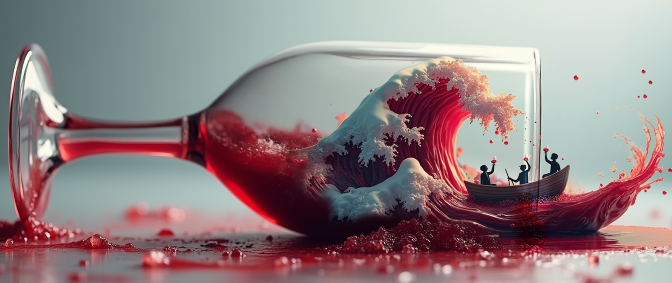 Schumis Grosse Rotwein Welle Weinglas, aus dem eine Welle aus Rotwein wie die von Kanagawa spritzt, während Menschen in einem kleinen Boot sich die Weingläser füllen.
