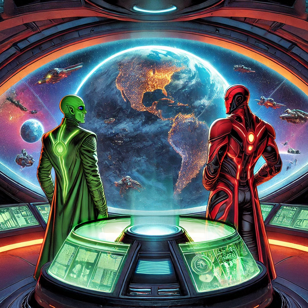 Aliens schauen auf die Erde Zwei futuristische Figuren betrachten eine holografische Erde umgeben von Raumschiffen.